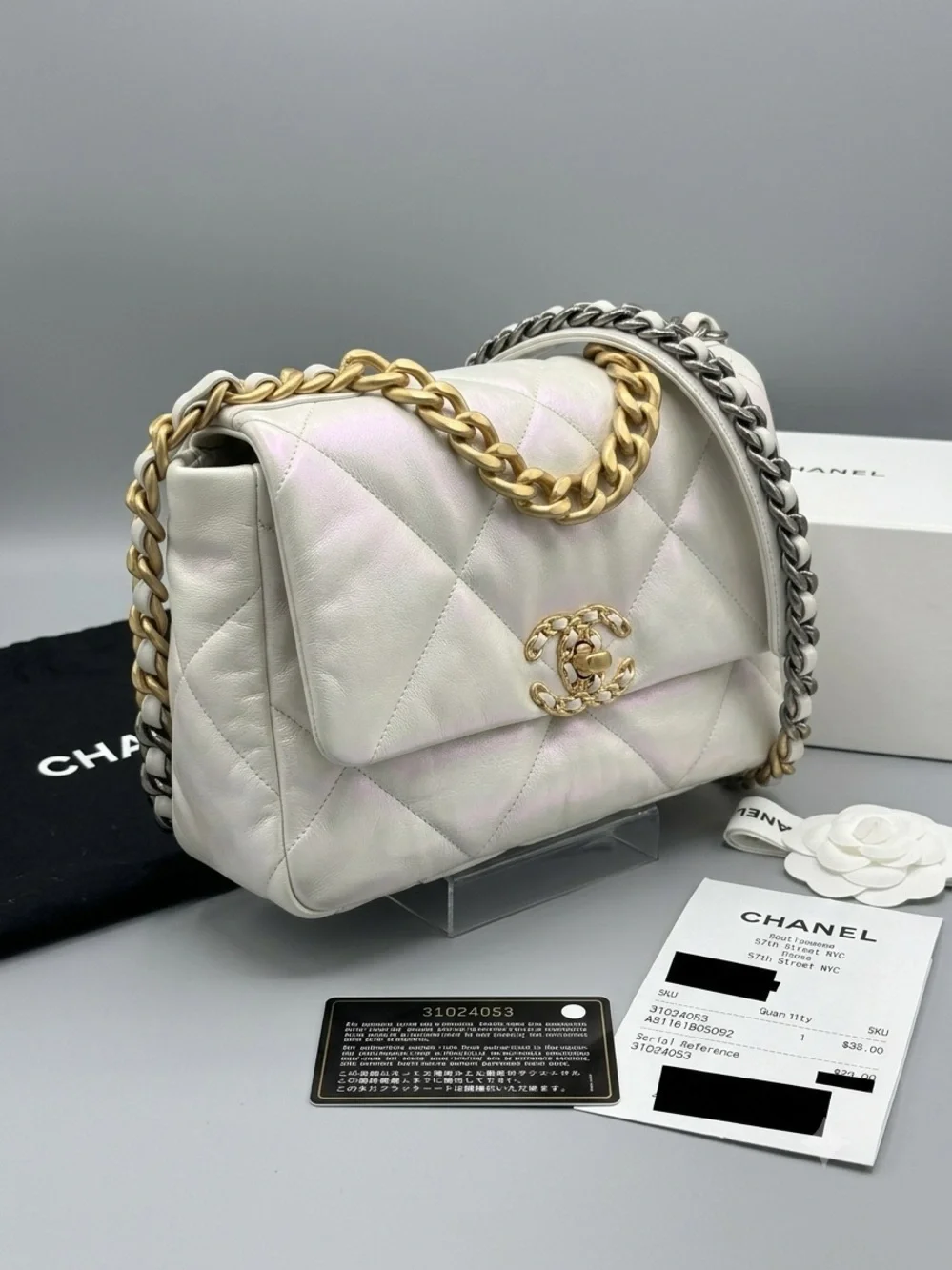 Authentic Chanel 19 Flap Bag Medium – Iridescent White Pearlescent Calfskin